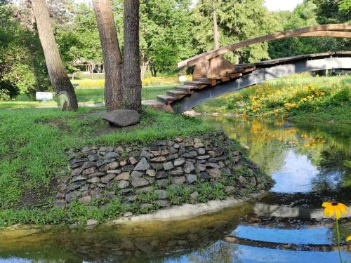 a bridge in a park with a pond at Central Street Apartment 1 in Harbin