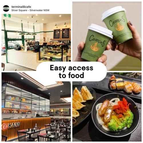 a collage of photos with a person holding a cup of food at Cozy 2-bedroom Apartment, Free Parking, close to Olympic park in Sydney
