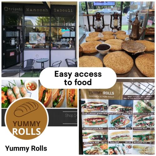 a collage of pictures of food and a menu at Cozy 2-bedroom Apartment, Free Parking, close to Olympic park in Sydney