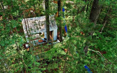 an aerial view of a tree house in the woods at Stabbin Cabin #2 on Grant Island - Hot Tub, Boat, Pet Friendly in Glenfield