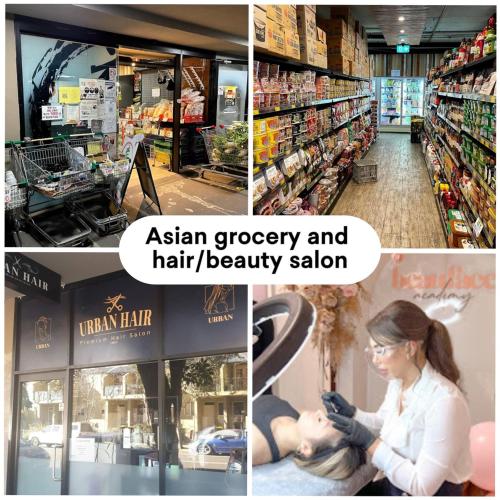 a collage of four pictures of a store at Cozy 2-bedroom Apartment, Free Parking, close to Olympic park in Sydney
