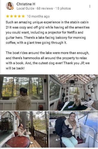 a collage of pictures of a woman sitting in a chair at Stabbin Cabin #2 on Grant Island - Hot Tub, Boat, Pet Friendly in Glenfield