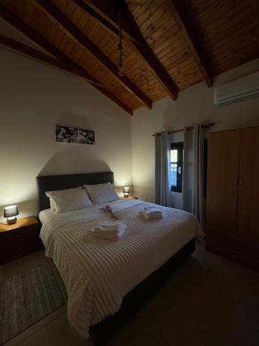 a bedroom with a large bed with two towels on it at Tholos Alexandra's Beachfront House in Kavoúsion