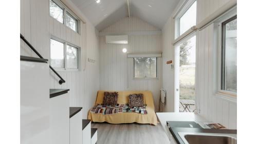 a tiny house with a couch in a room at Raintree Farmstay by Tiny Away in Sarsfield