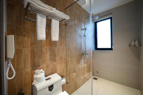 a bathroom with a shower and a toilet and a sink at Naraco Homestay Hoi An in Cam Thanh