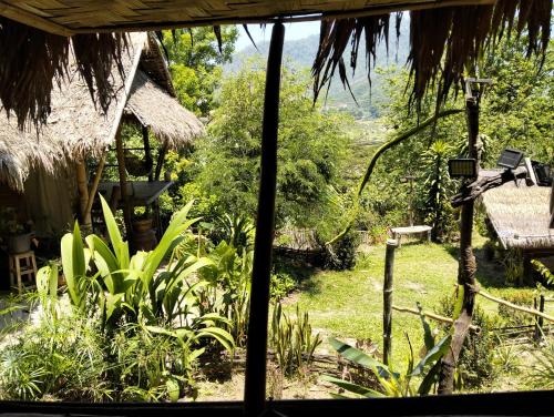 a view of a garden from a window of a house at ecolodge khamu homestay guesthouse in Ban Pang Hat
