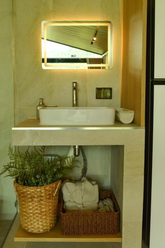 a bathroom with a sink and a plant under it at Take Time Nature Resort in Ban Tha Sai
