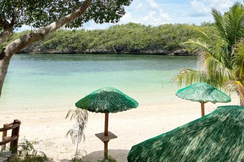two green umbrellas on a beach next to the water at La Puerta Al Paraizo Guimaras powered by Cocotel in Guimaras