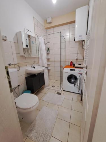 a bathroom with a toilet a sink and a washing machine at Dona 2 in Sarajevo