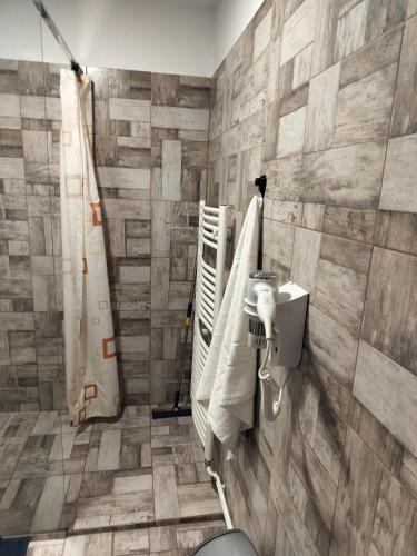 a bathroom with towels hanging on a wall at Florentinas Apartment in Braşov