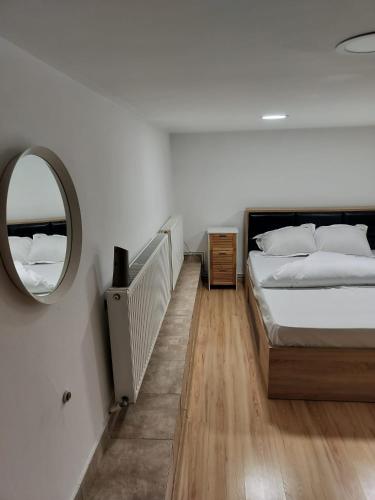 a bedroom with a large bed and a mirror at Florentinas Apartment in Braşov