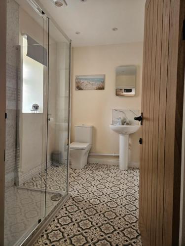 a bathroom with a shower and a toilet and a sink at Inner cottage in Brent Knoll