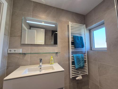 W łazience znajduje się umywalka, lustro i niebieskie ręczniki. w obiekcie Ferienwohnung Wolfsberg w mieście Reutte