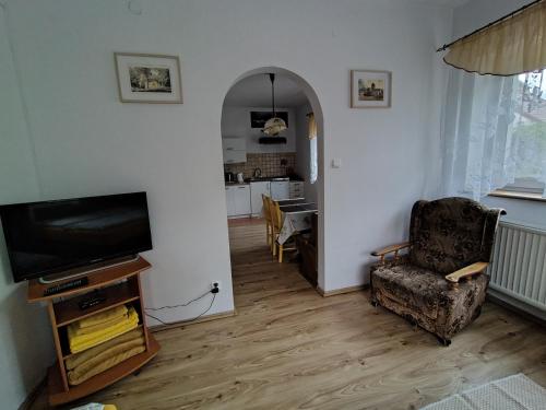 a living room with a tv and a chair at Jaskółka in Lądek-Zdrój