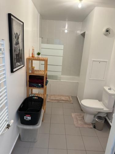 une salle de bain avec toilettes et baignoire dans l'établissement Cosy apartment near Paris, à Montigny-lès-Cormeilles