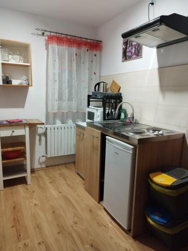 a kitchen with a sink and a stove top oven at Jaskółka in Lądek-Zdrój