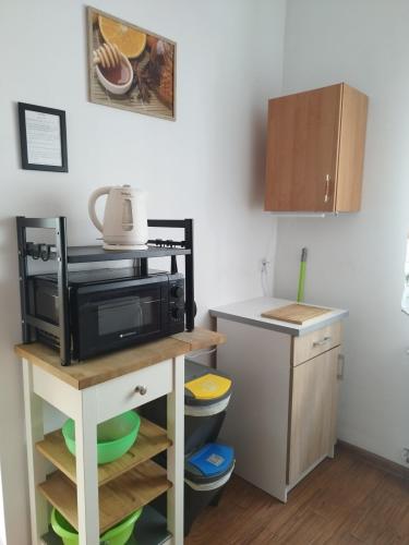 a kitchen with a microwave on a stand with a counter at Jaskółka in Lądek-Zdrój