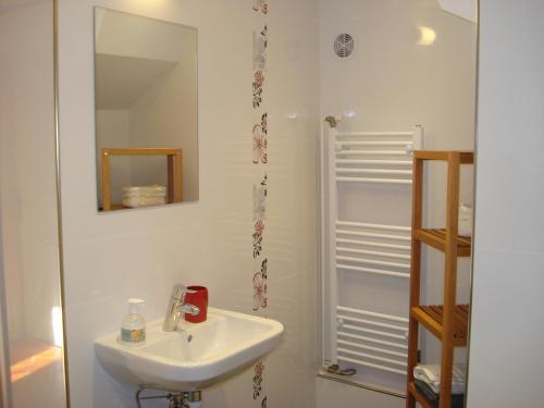 une salle de bain blanche avec un lavabo et une douche dans l'établissement Gîte Au Fil Du Temps, à Colmar