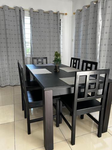 a black dining room table with black chairs and a plant at Easy Apartment- 36 Varani street flat2&flat5 in Suva