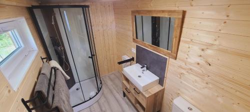 a small bathroom with a sink and a shower at Ferienwohnung Sylvia in Neustrelitz