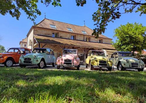 un groupe de vieilles voitures garées devant un bâtiment dans l'établissement DOMAINE SAINT LOUP - 10min BEAUNE, à Saint-Loup-Géanges