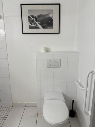 a bathroom with a toilet and a picture on the wall at Brit Hotel Besancon l'Horloge in Besançon