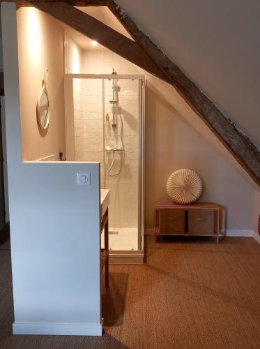 La salle de bains mansardée est pourvue d'une douche. dans l'établissement Maison de charme à la campagne, à Juvardeil