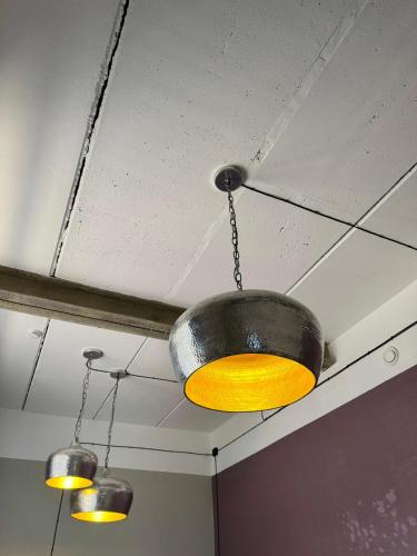 aendant light hanging from the ceiling in a room at Zeit Hotel in Līgatne
