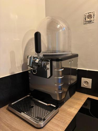 une cafetière assise au-dessus d'un comptoir dans l'établissement Gite Cocon entre lac et Nature, à Carcassonne