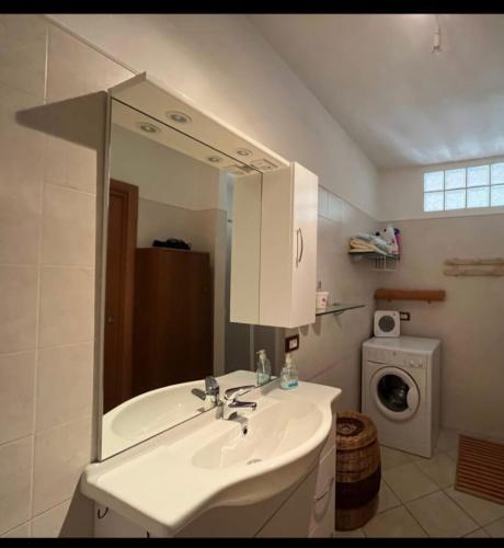 a bathroom with a sink and a mirror and a washing machine at Casa montagna relax in Cedegolo