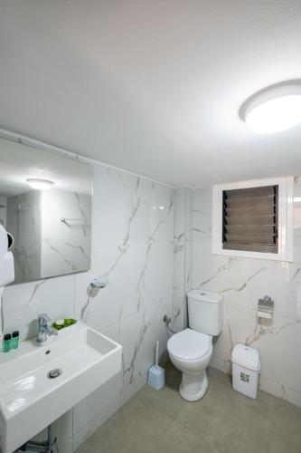 ein weißes Badezimmer mit Toilette und Waschbecken in der Unterkunft Vila Basho in Sarandë