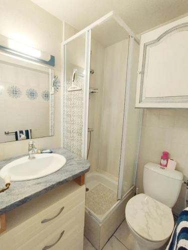 une salle de bain avec toilettes, lavabo et douche dans l'établissement Reflet du Sud - 4pers - Histoire de cles, au Cap d'Agde