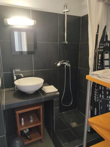 une salle de bain avec un lavabo et une douche dans l'établissement Ambiance Méditerranée aux Parcs de Grimaud, à Grimaud