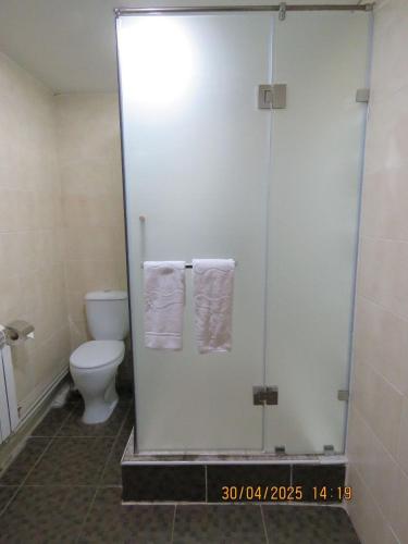 a bathroom with a shower with a toilet and towels at Pride Hotel in Taraz