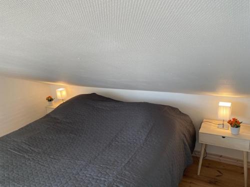 a bedroom with a bed and two tables with lamps at Dejlig gårdhave 5 soveværelser in Harboør