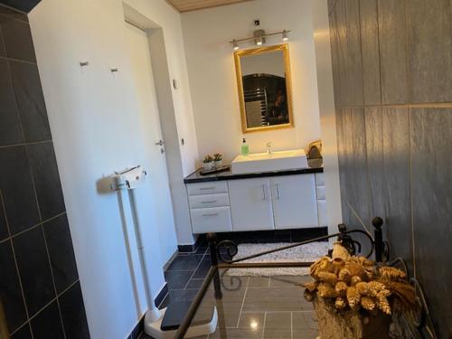 a bathroom with a sink and a mirror at Dejlig gårdhave 5 soveværelser in Harboør