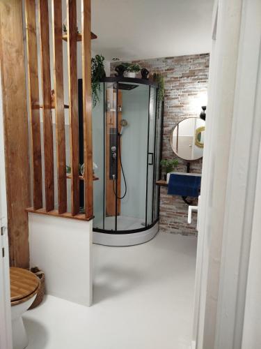 une salle de bain avec une douche en verre dans une chambre dans l'établissement Havre de paix à la campagne - Pet Friendly, à Cruis