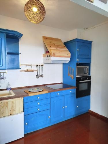 une cuisine bleue avec des placards bleus et un four micro-ondes dans l'établissement Havre de paix à la campagne - Pet Friendly, à Cruis