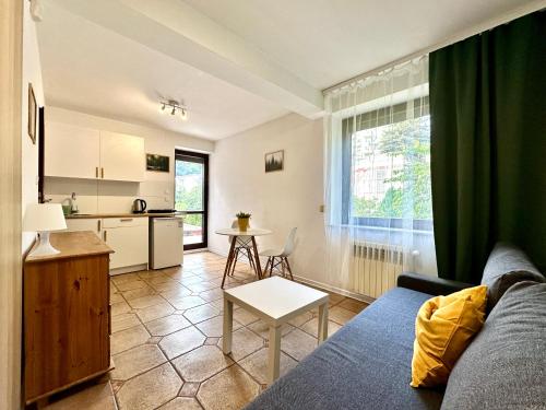 ein Wohnzimmer mit Couch und Küche in der Unterkunft Studio Żubrowe II in Przymorze