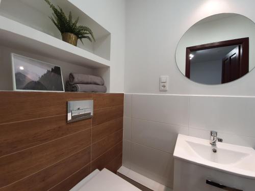 ein Badezimmer mit Waschbecken und Spiegel in der Unterkunft Studio Żubrowe II in Przymorze