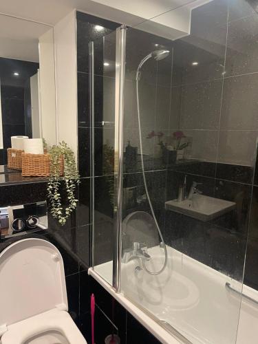 ein Badezimmer mit Dusche, Toilette und Waschbecken in der Unterkunft New 1 Bed Apartment 12 mins to Central London and Gatwick Airport in Croydon