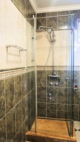 a shower with a glass door in a bathroom at Medin Apartments BluVista in Petrovac na Moru