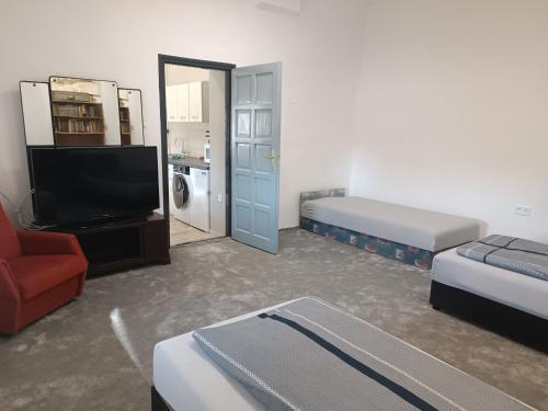 a living room with a tv and a bed and a couch at Csobánc apartman in Tapolca