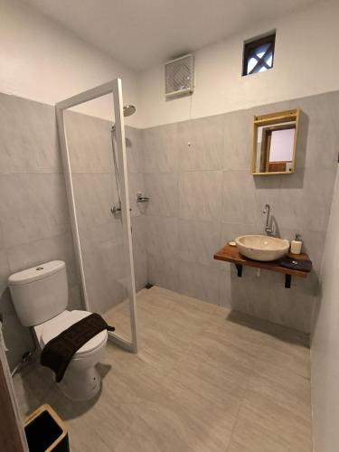 a bathroom with a shower and a toilet and a sink at Maison Manendra - Bromo in Gubukklakah