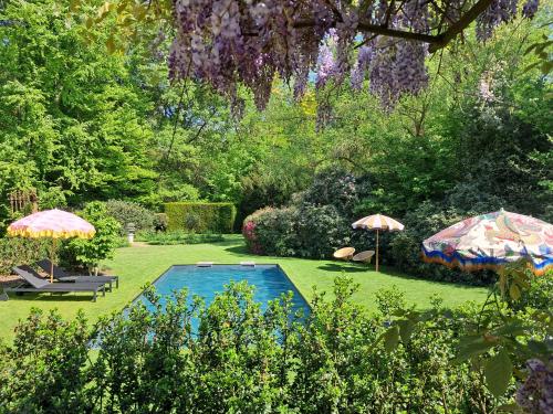 a swimming pool in a yard with two umbrellas at Het Bed van den Doktoor in Meerhout