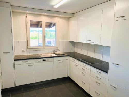 a kitchen with white cabinets and a sink and a window at Large Flats, Zurich Lake HWA - Self Checkin in Zürich