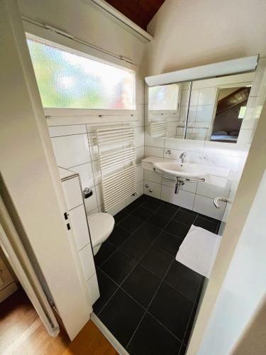 a small bathroom with a toilet and a sink at Large Flats, Zurich Lake HWA - Self Checkin in Zürich