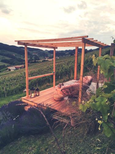 a wooden deck with a pergola in a field at Wooden fairytale in Lesično