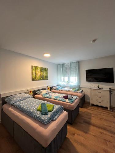 three beds are lined up in a room at Schicke Apartments in Messenähe in Hannover