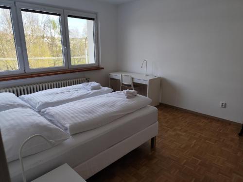 Un dormitorio con dos camas y un escritorio y dos ventanas. en Gemini 293, Zlín, en Zlín